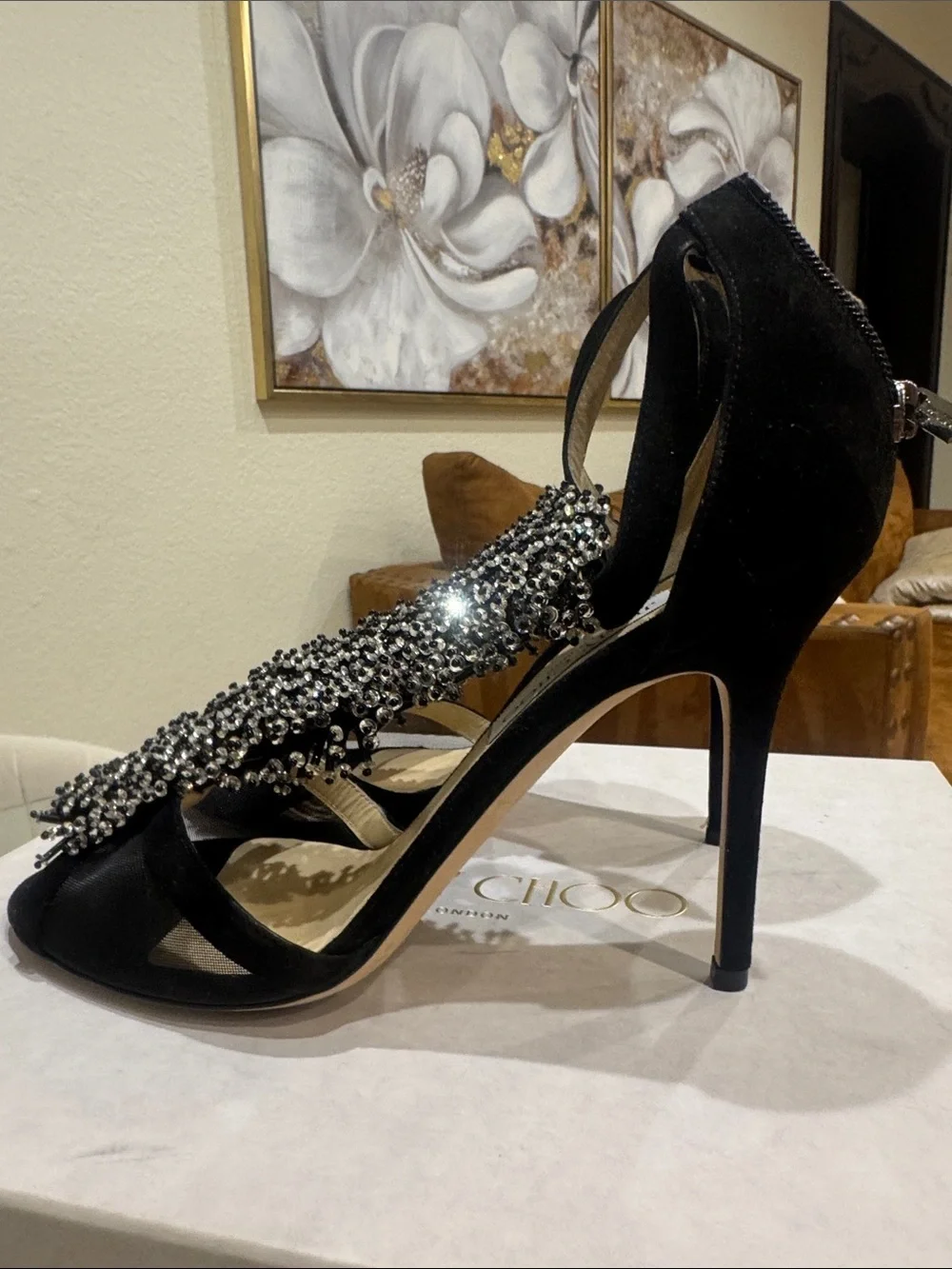 Jimmy Choo Black Crystal T-Strap Embellished Heels